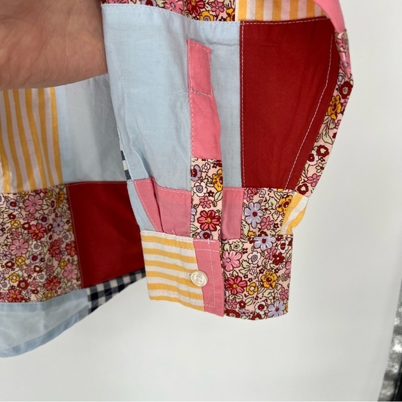 Lands' End Red Pink Casual Button Down Shirt Patchwork Poplin Boyfriend Quilt - Picture 5 of 10